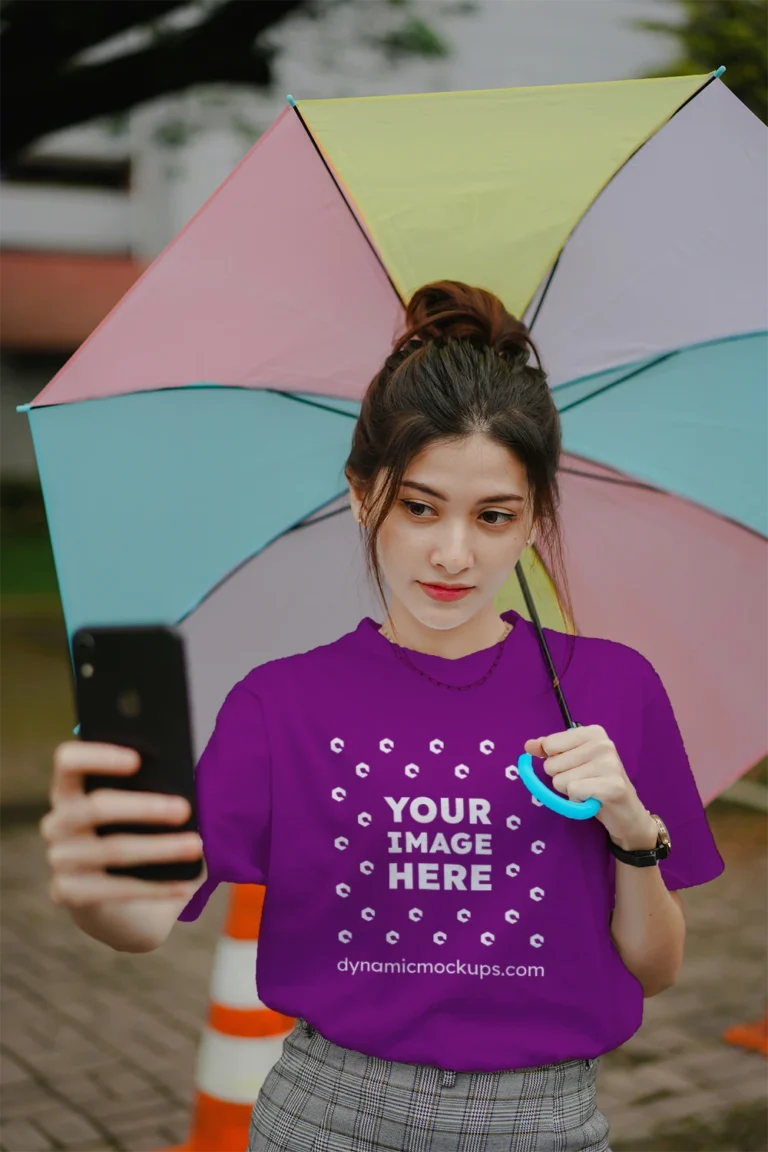 Woman Wearing Purple T-shirt Mockup Front View Template