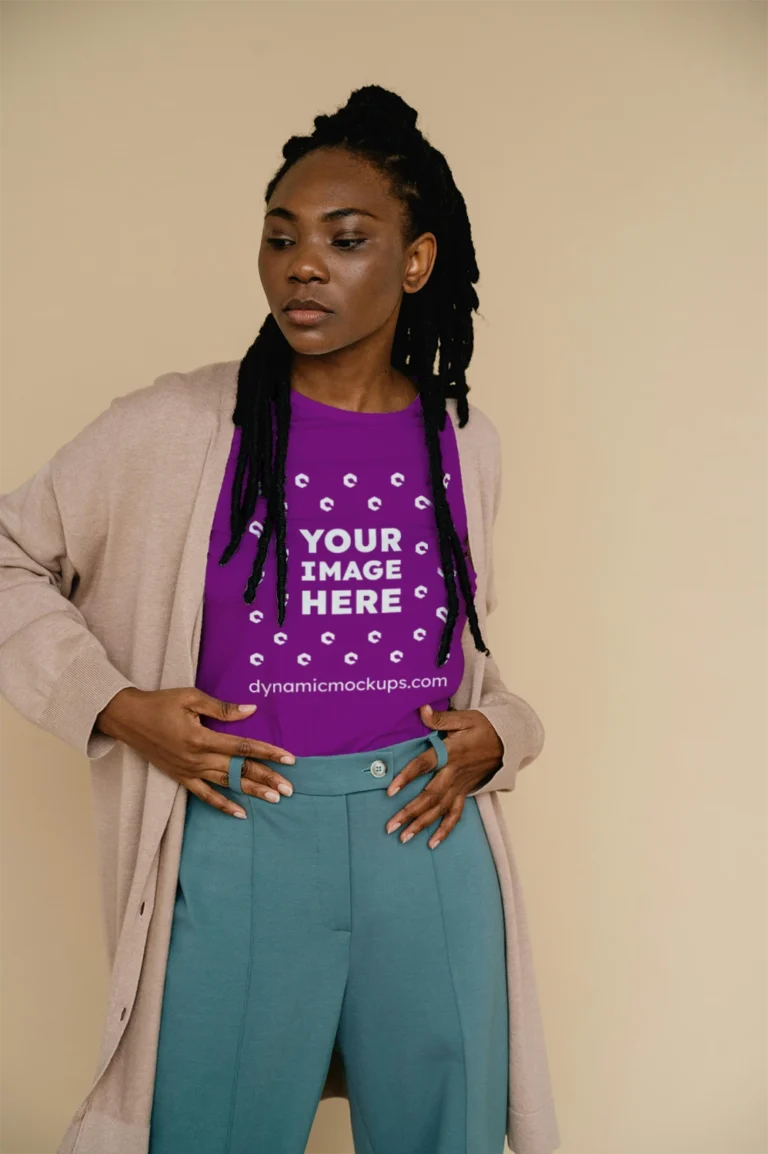 Woman Wearing Purple T-shirt Mockup Front View Template