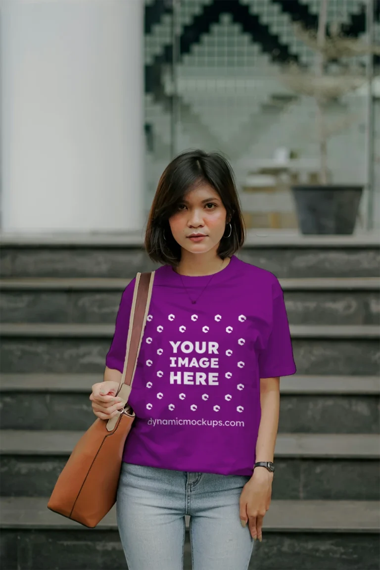 Woman Wearing Purple T-shirt Mockup Front View Template