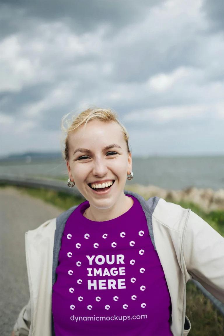 Woman Wearing Purple T-shirt Mockup Front View Template