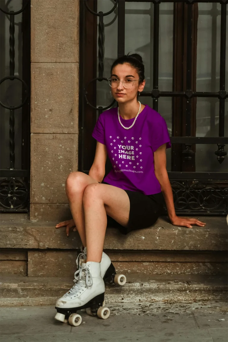 Woman Wearing Purple T-shirt Mockup Front View Template