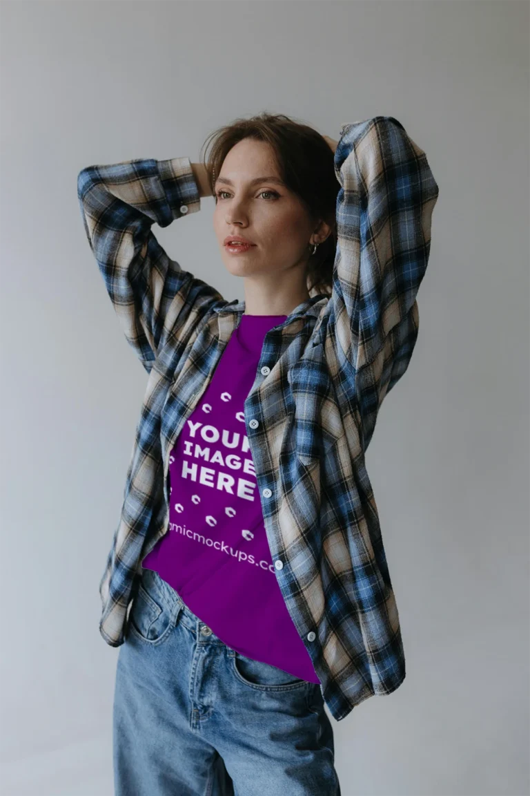 Woman Wearing Purple T-shirt Mockup Front View Template