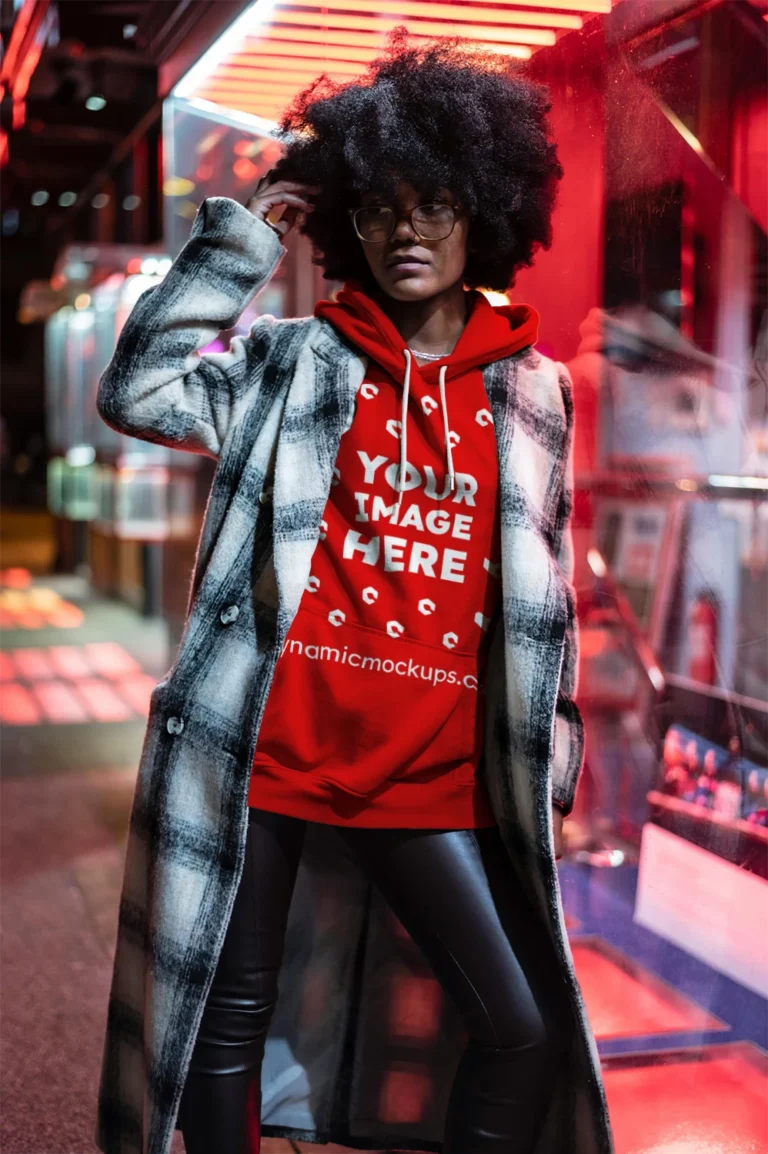 Woman Wearing Red Hoodie Mockup Front View Template