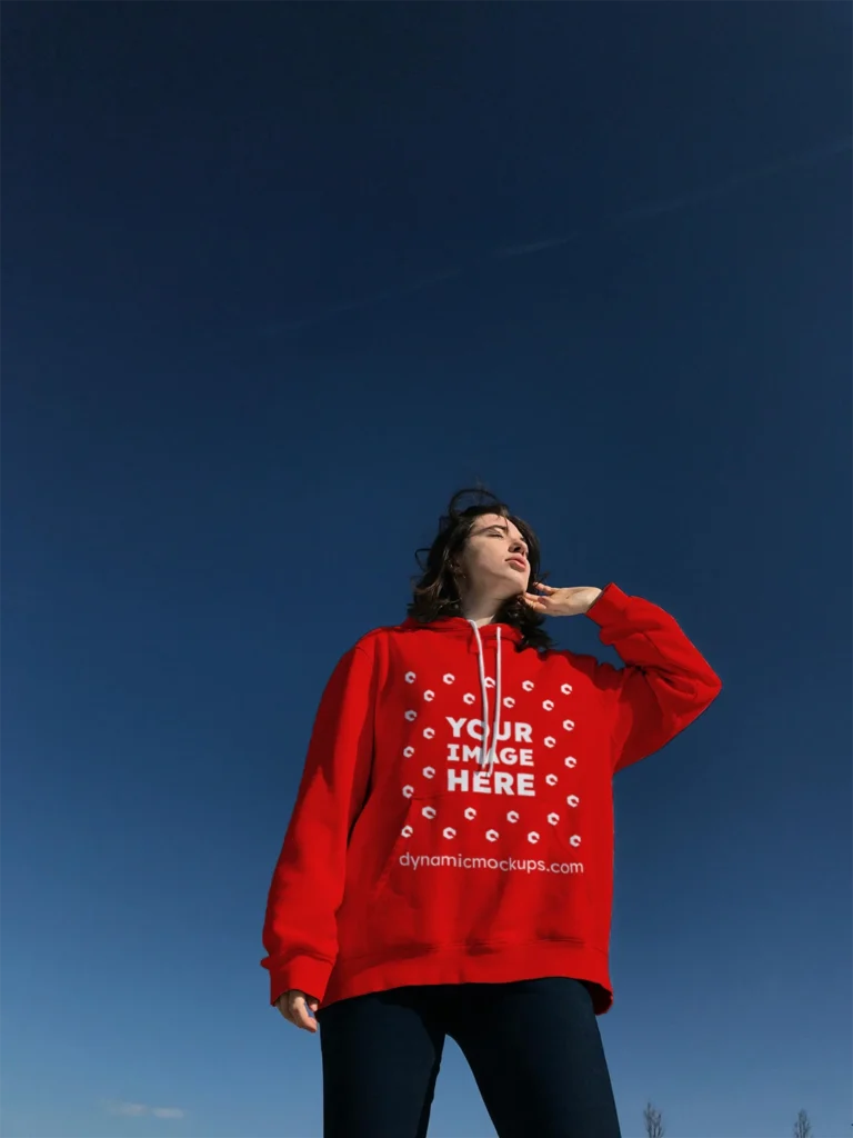 Woman Wearing Red Hoodie Mockup Front View Template