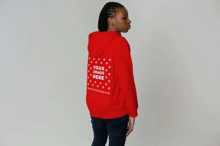 Woman Wearing Red Hoodie Mockup Back View Template