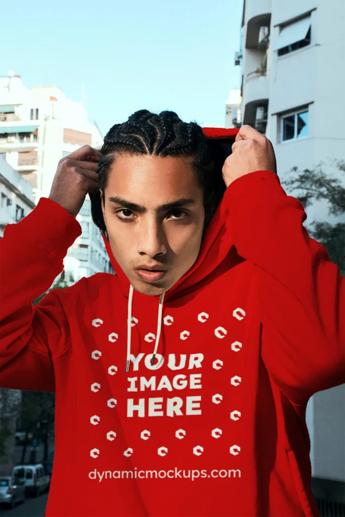 Woman Wearing Red Hoodie Mockup Front View Template