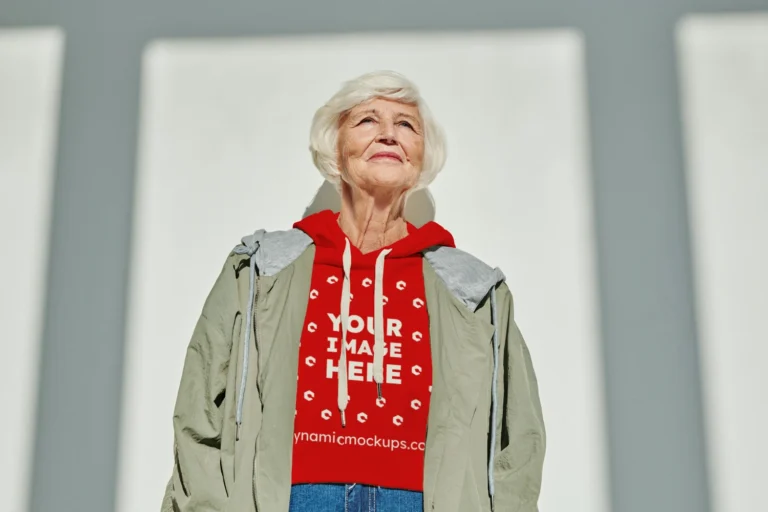 Woman Wearing Red Hoodie Mockup Front View Template