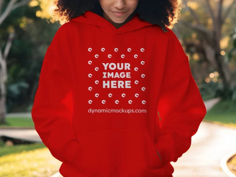 Woman Wearing Red Hoodie Mockup Front View Template