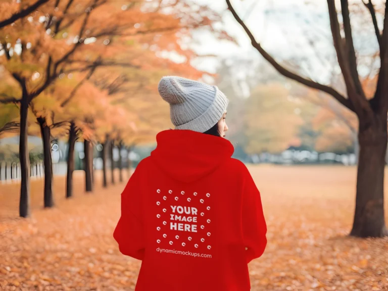Woman Wearing Red Hoodie Mockup Back View Template