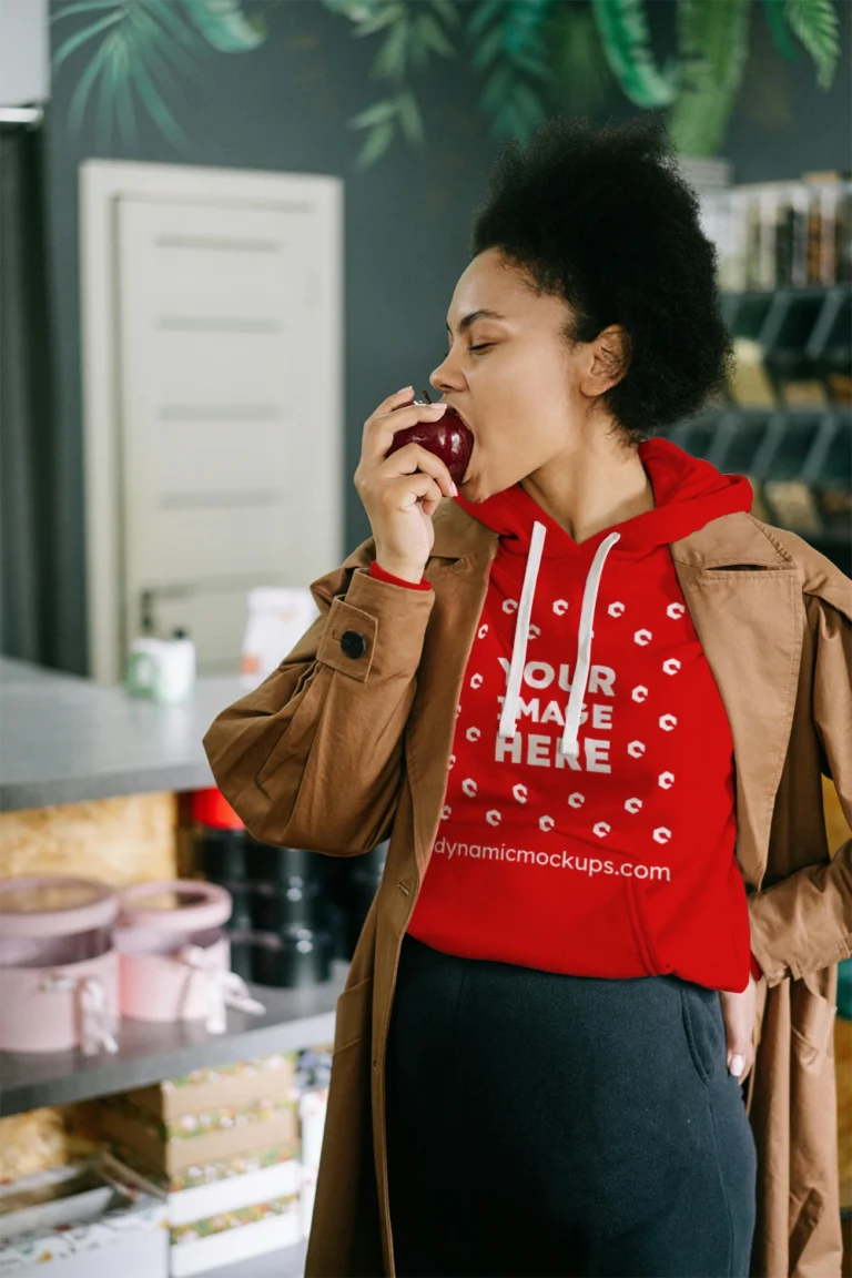 Woman Wearing Red Hoodie Mockup Front View Template