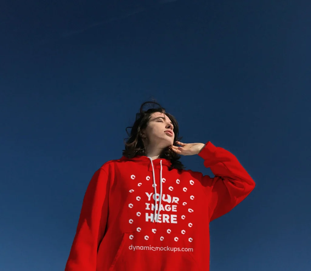 Woman Wearing Red Hoodie Mockup Front View Template