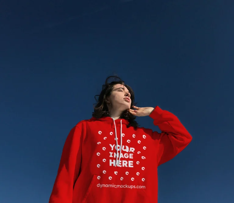 Woman Wearing Red Hoodie Mockup Front View Template