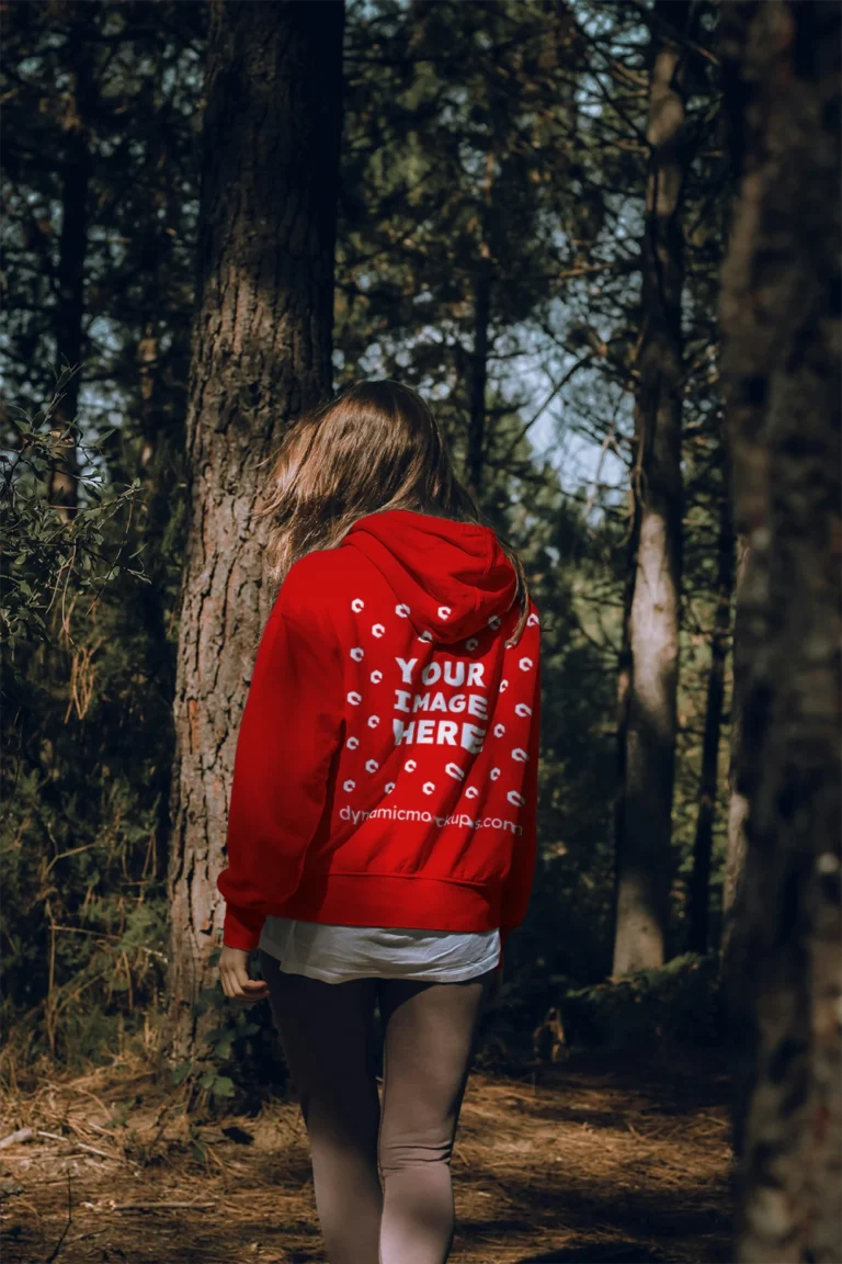 Woman Wearing Red Hoodie Mockup Back View Template