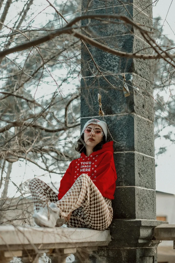 Woman Wearing Red Hoodie Mockup Front View Template
