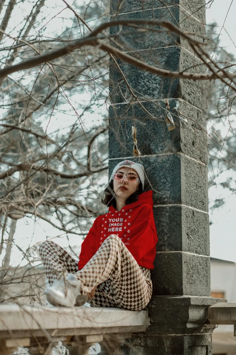Woman Wearing Red Hoodie Mockup Front View Template