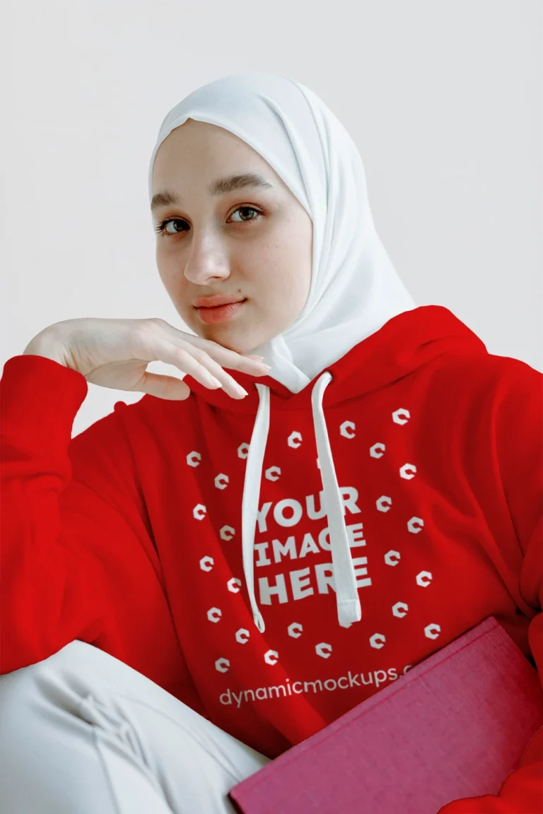 Woman Wearing Red Hoodie Mockup Front View Template