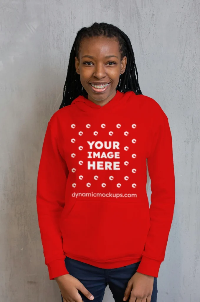 Woman Wearing Red Hoodie Mockup Front View Template