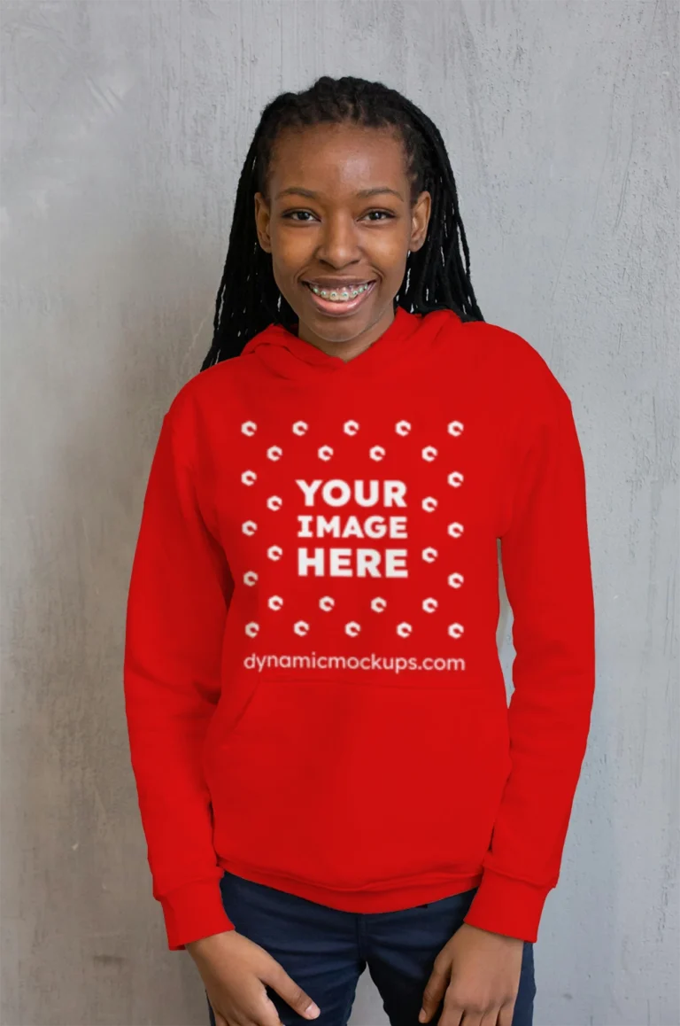 Woman Wearing Red Hoodie Mockup Front View Template
