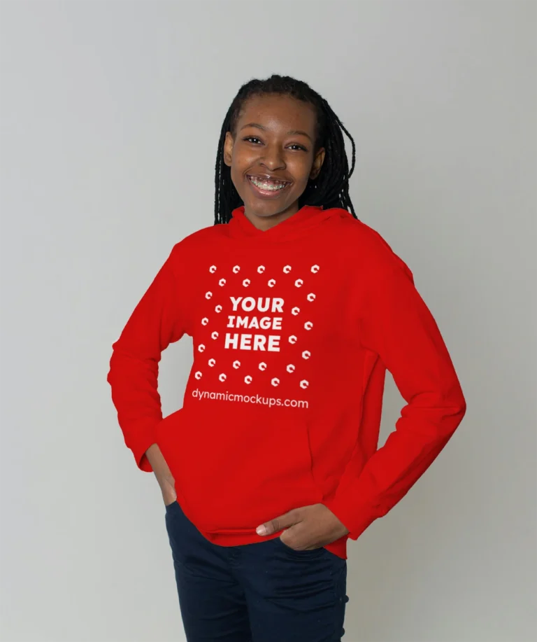 Woman Wearing Red Hoodie Mockup Front View Template