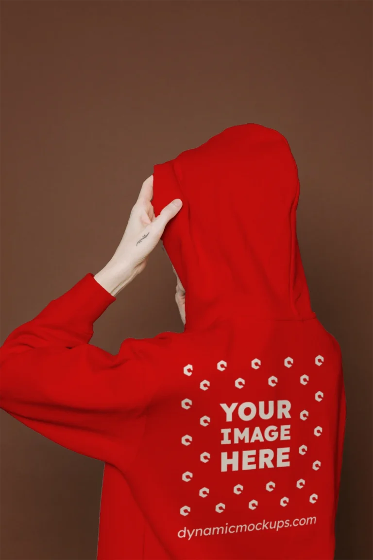 Woman Wearing Red Hoodie Mockup Back View Template