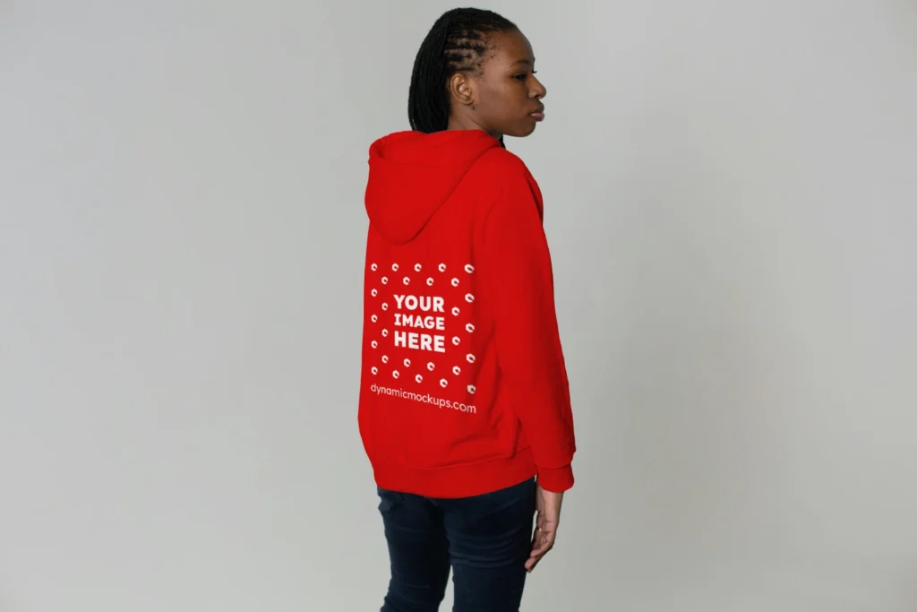 Woman Wearing Red Hoodie Mockup Back View Template