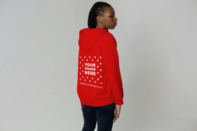 Woman Wearing Red Hoodie Mockup Back View Template