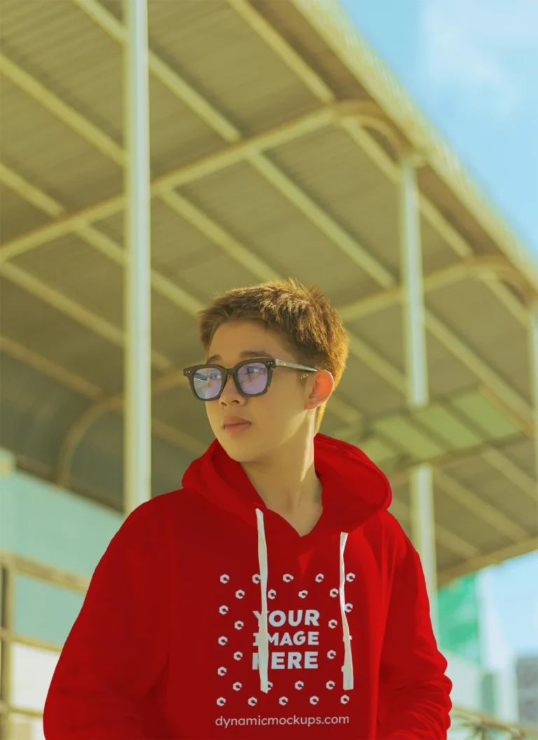 Woman Wearing Red Hoodie Mockup Front View Template