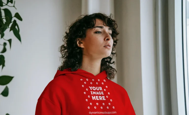Woman Wearing Red Hoodie Mockup Front View Template