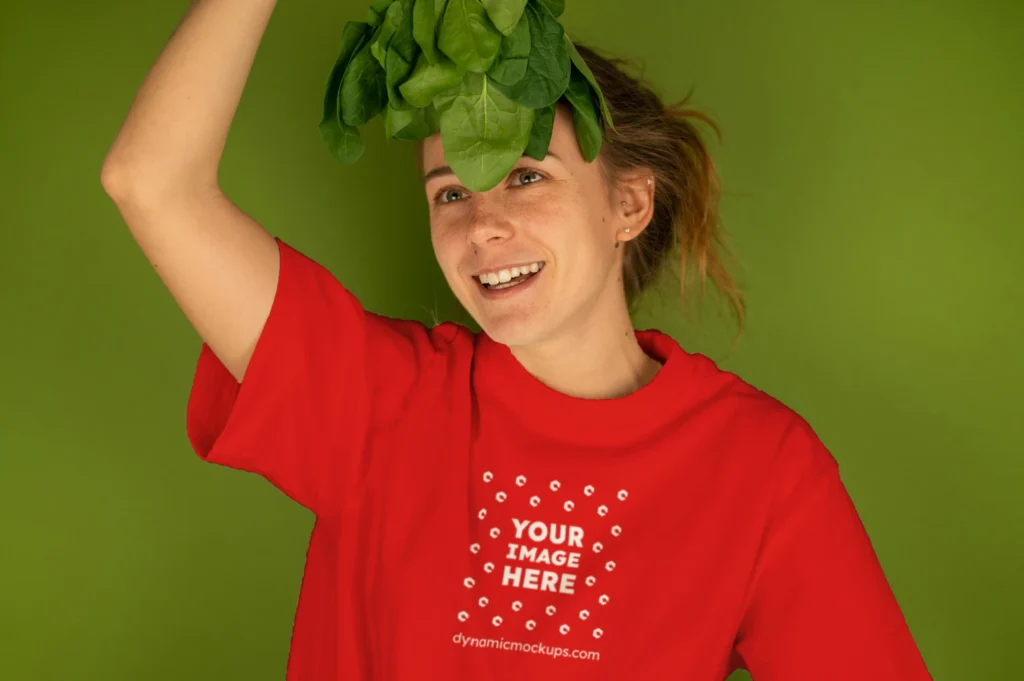 Woman Wearing Red T-shirt Mockup Front View Template