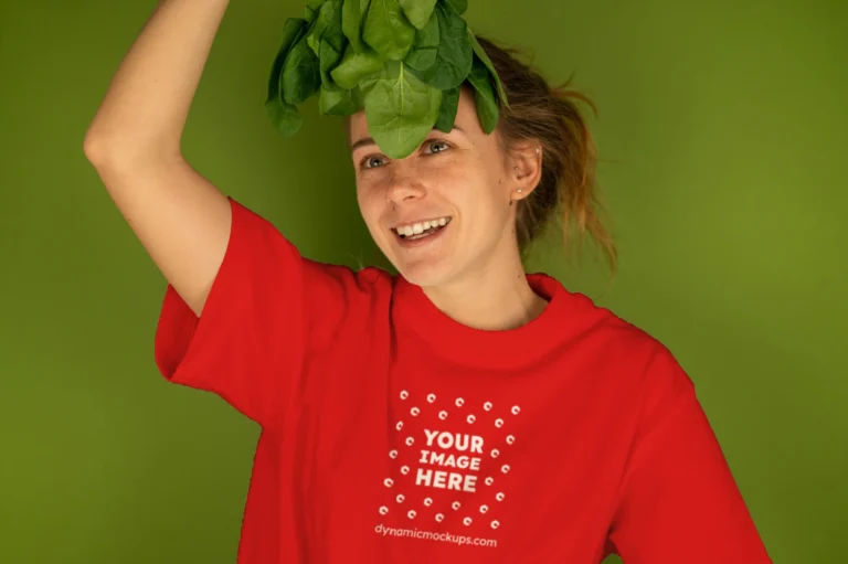Woman Wearing Red T-shirt Mockup Front View Template