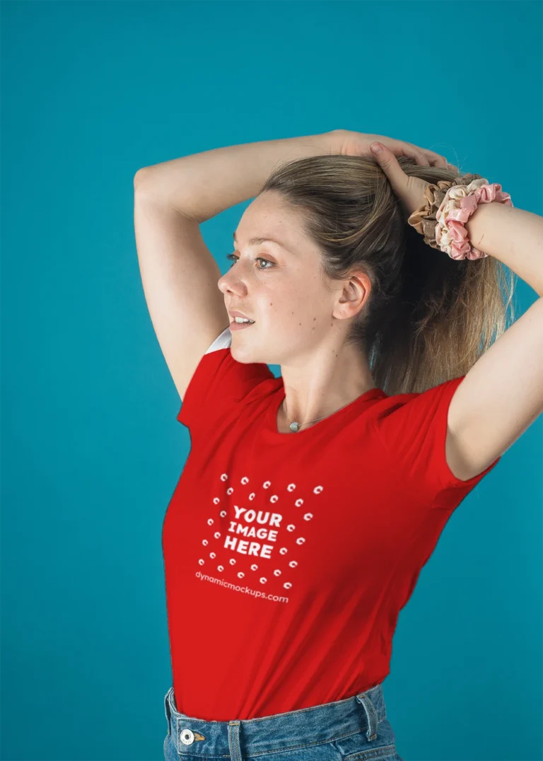 Woman Wearing Red T-shirt Mockup Front View Template