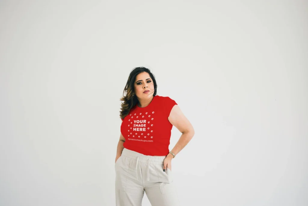 Woman Wearing Red T-shirt Mockup Front View Template