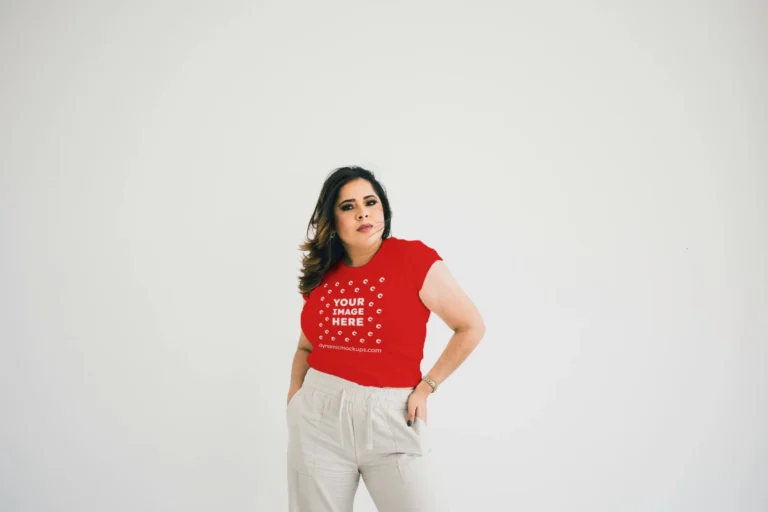 Woman Wearing Red T-shirt Mockup Front View Template