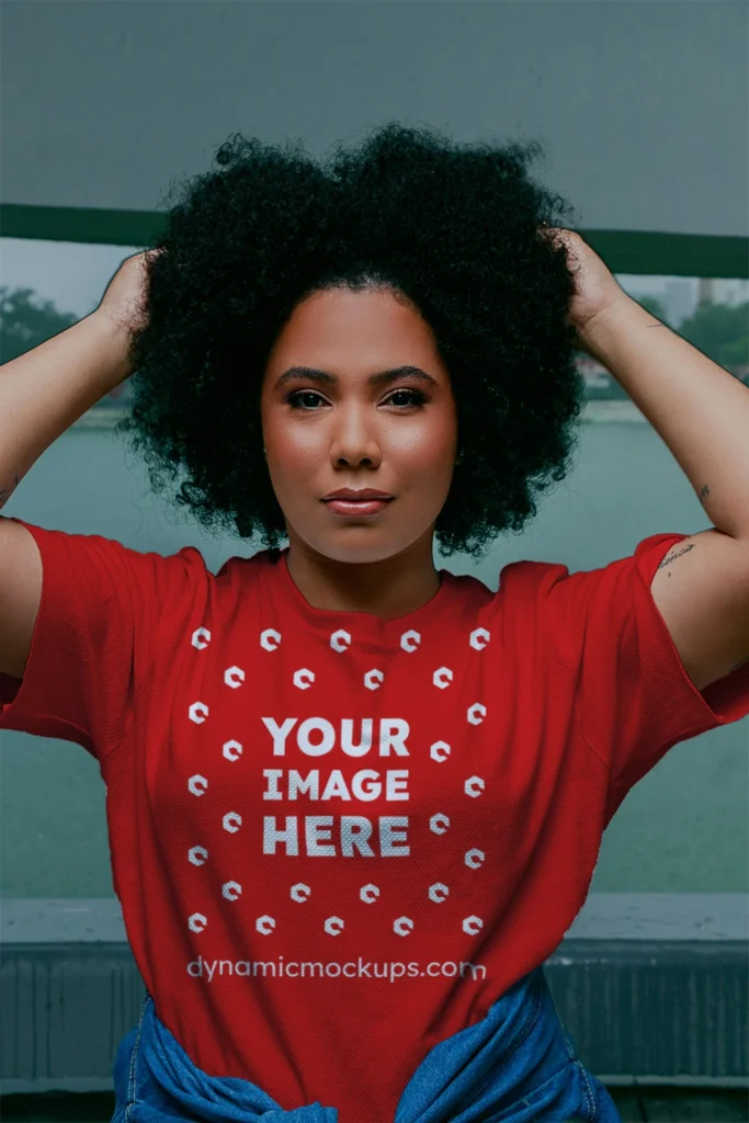 Woman Wearing Red T-shirt Mockup Front View Template