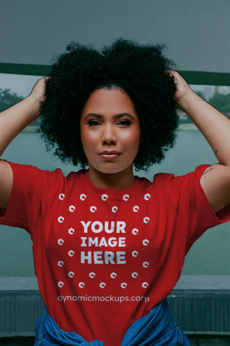 Woman Wearing Red T-shirt Mockup Front View Template