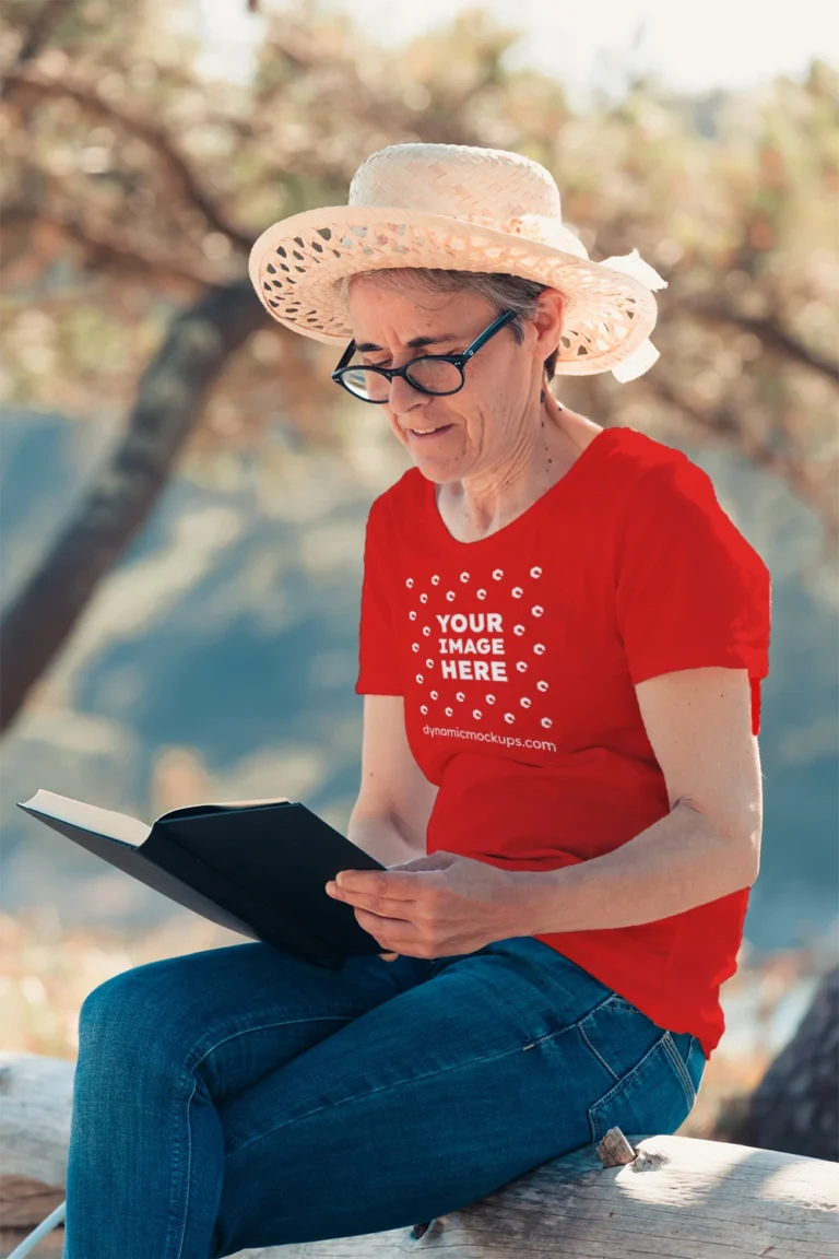 Woman Wearing Red T-shirt Mockup Front View Template