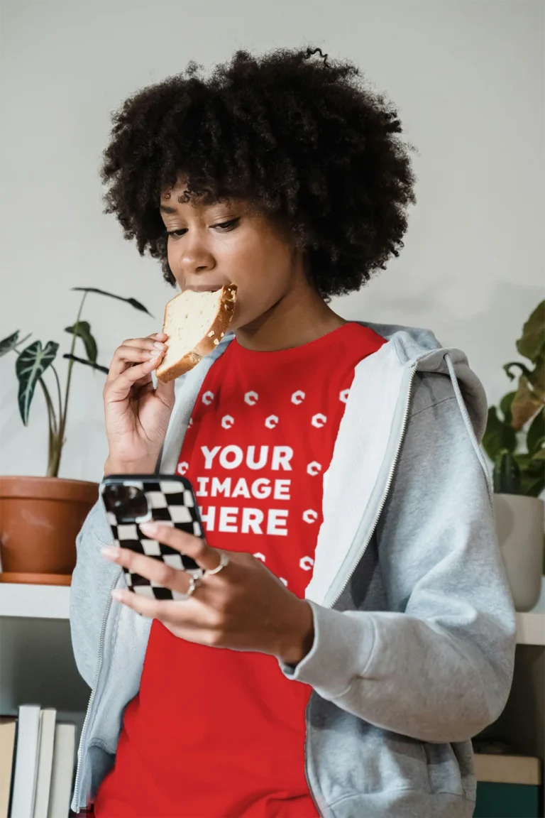 Woman Wearing Red T-shirt Mockup Front View Template