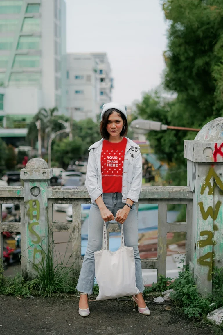 Woman Wearing Red T-shirt Mockup Front View Template