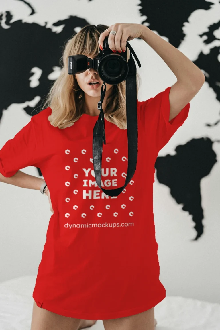 Woman Wearing Red T-shirt Mockup Front View Template