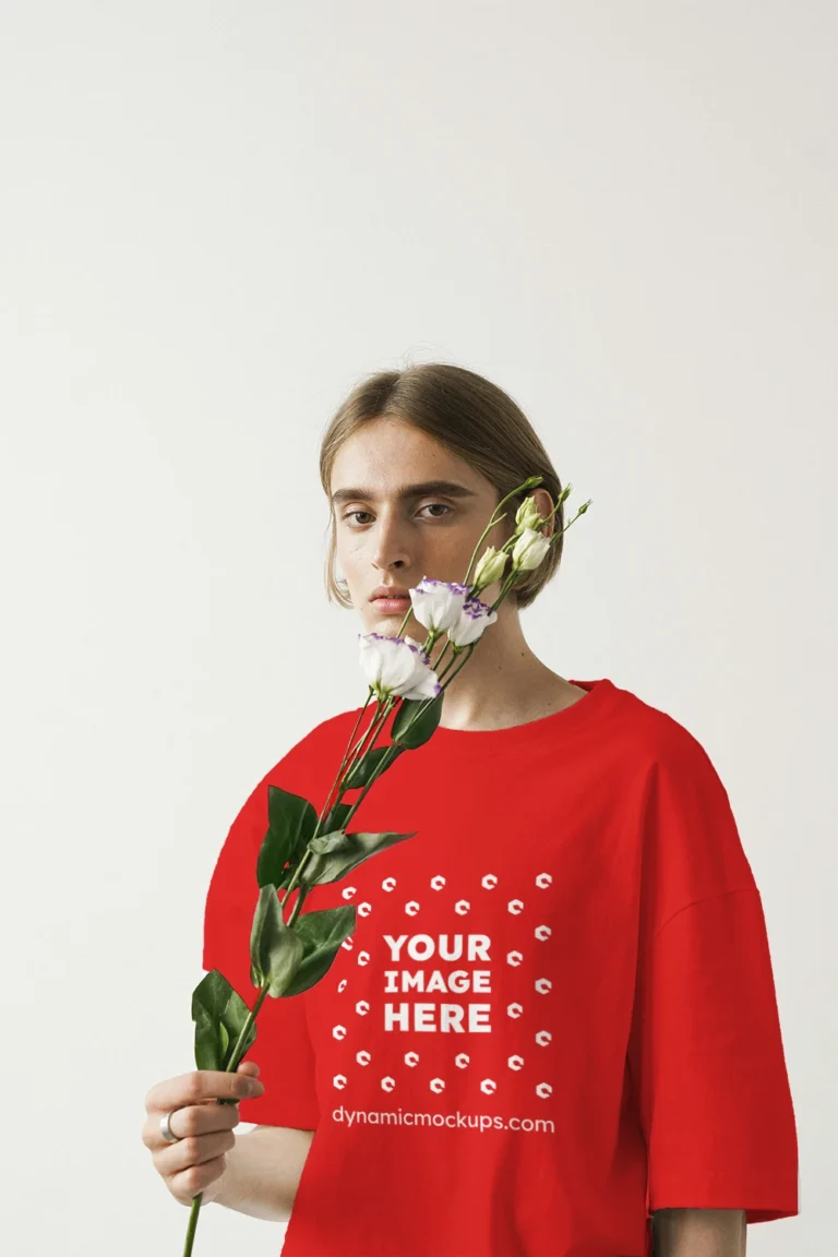 Woman Wearing Red T-shirt Mockup Front View Template