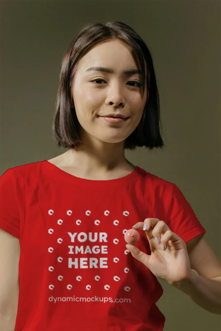 Woman Wearing Red T-shirt Mockup Front View Template
