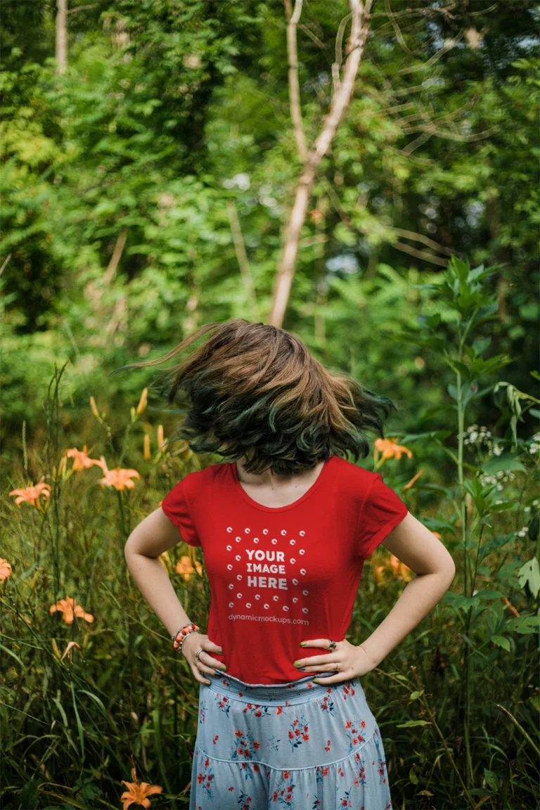 Woman Wearing Red T-shirt Mockup Front View Template
