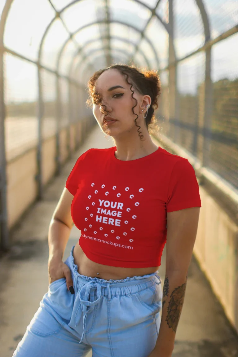 Woman Wearing Red T-shirt Mockup Front View Template