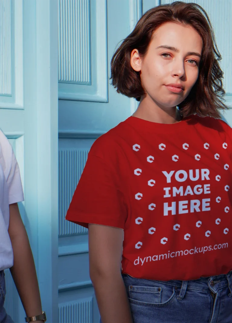 Woman Wearing Red T-shirt Mockup Front View Template