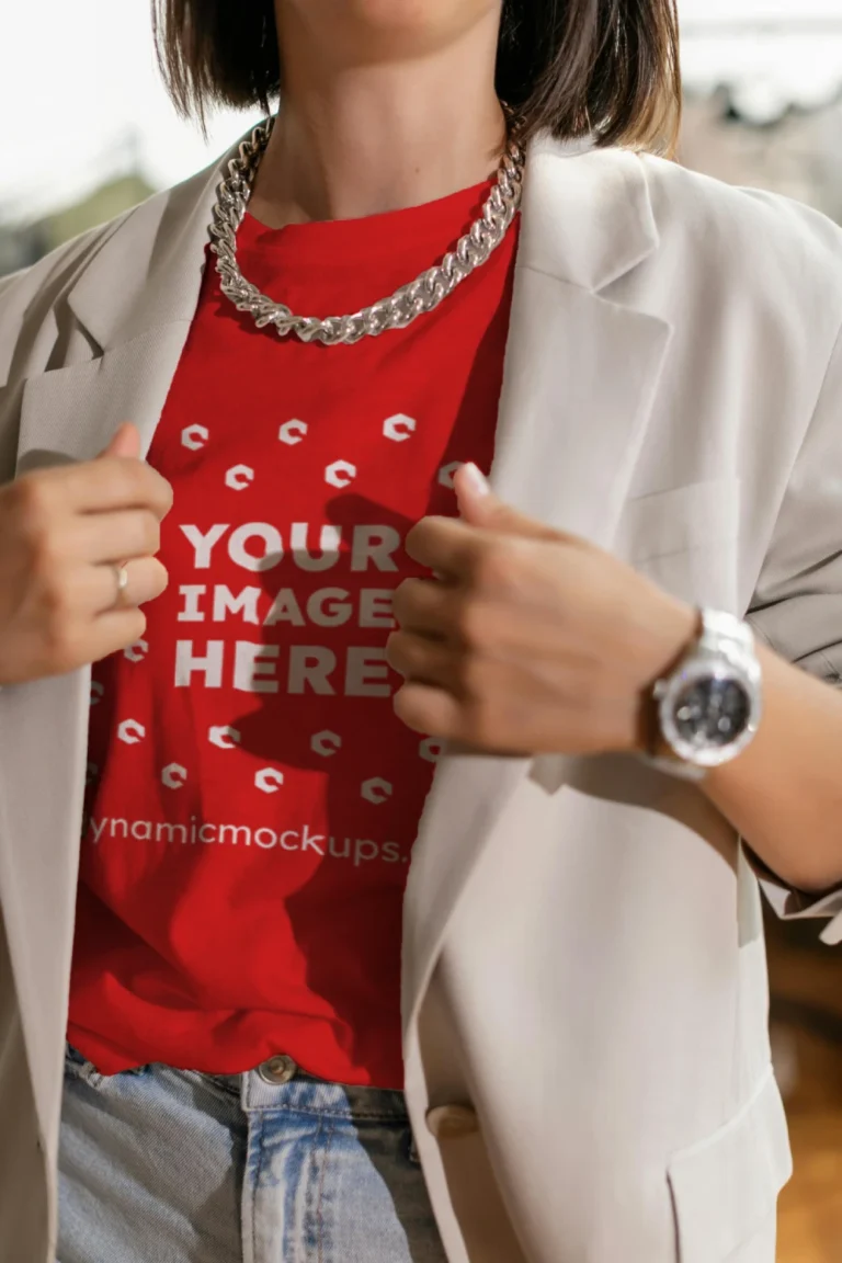 Woman Wearing Red T-shirt Mockup Front View Template