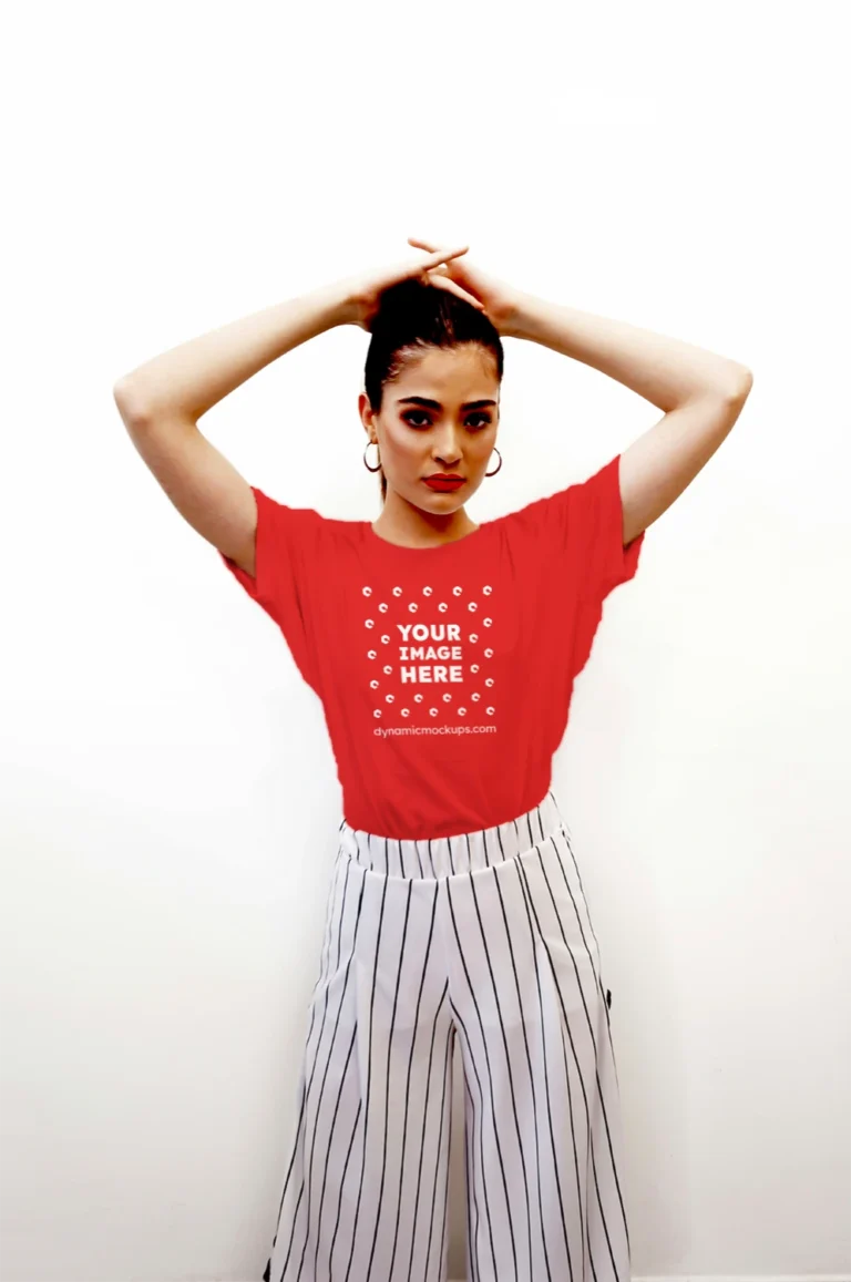 Woman Wearing Red T-shirt Mockup Front View Template