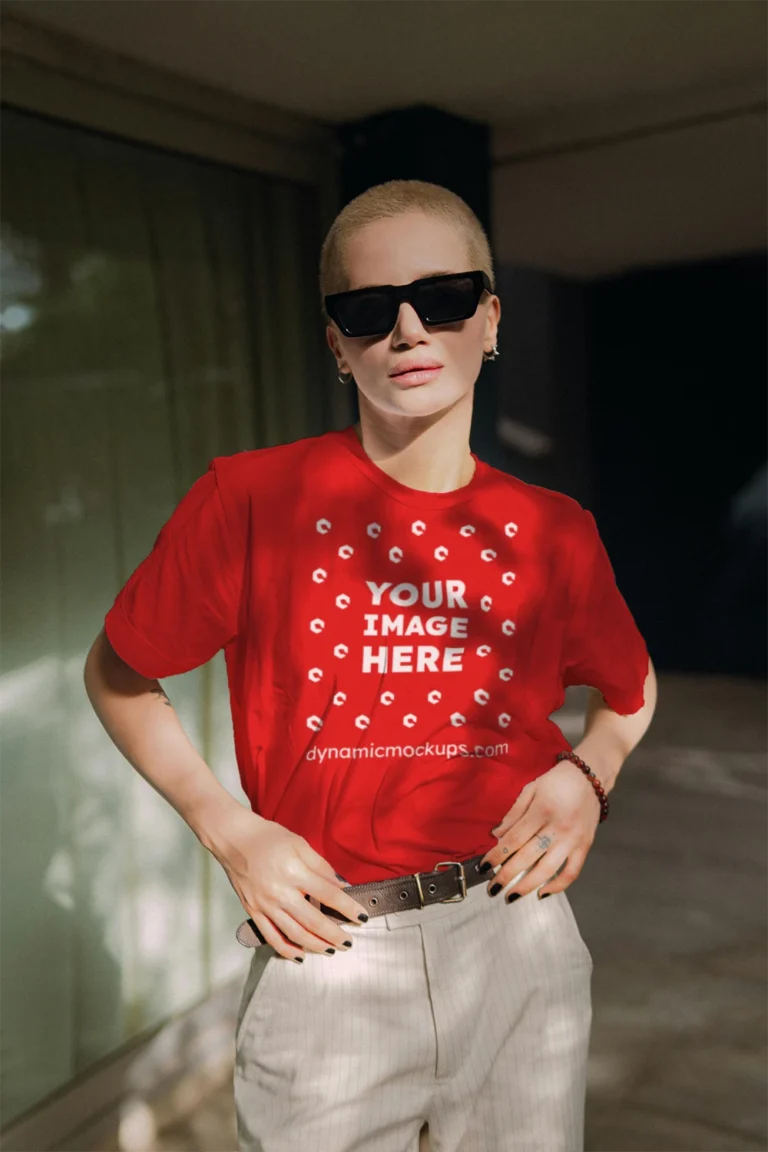 Woman Wearing Red T-shirt Mockup Front View Template