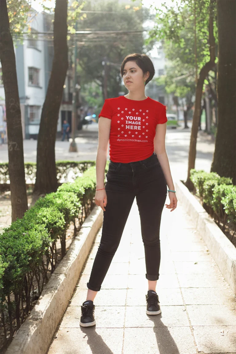 Woman Wearing Red T-shirt Mockup Front View Template