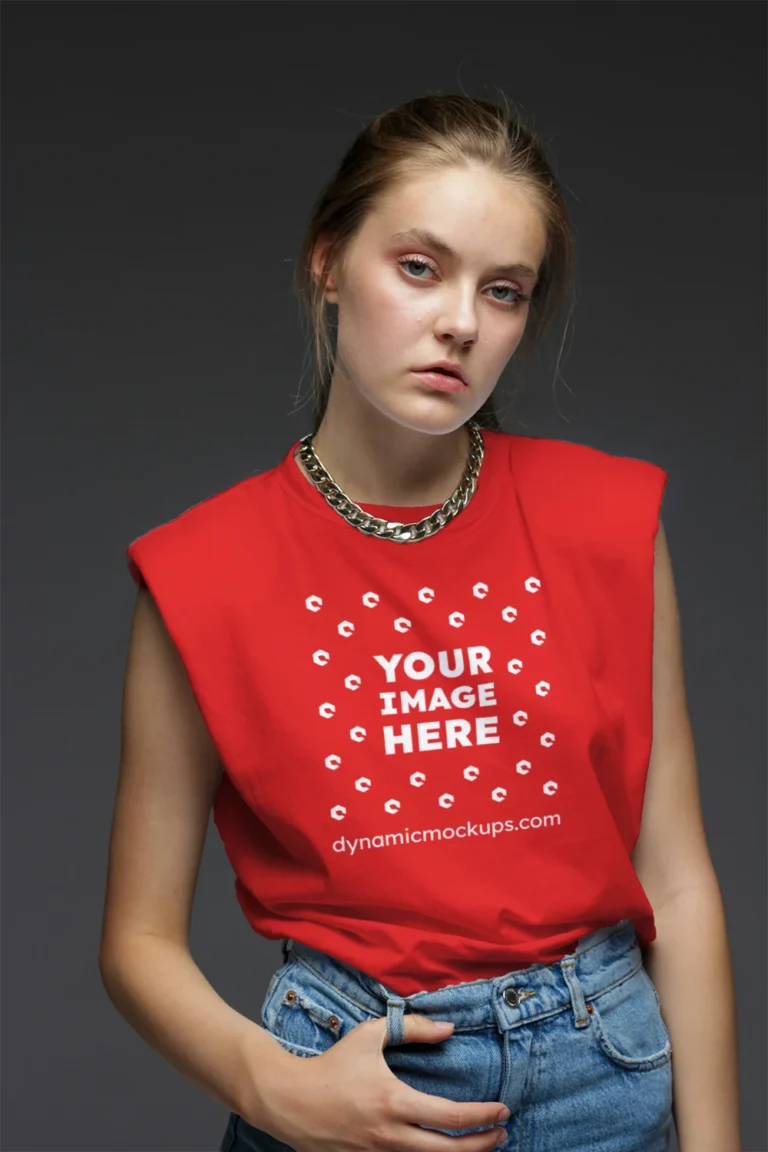 Woman Wearing Red T-shirt Mockup Front View Template