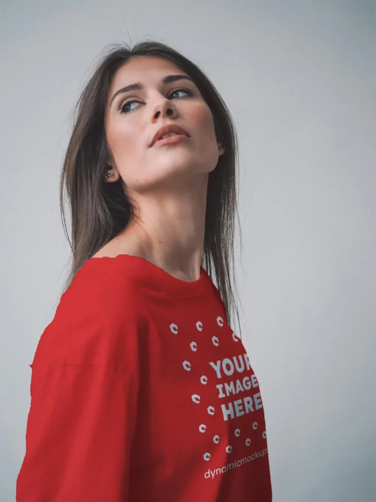 Woman Wearing Red T-shirt Mockup Front View Template